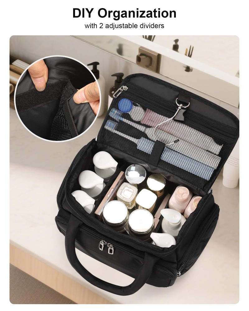 Wgear Hanging Toiletry Bag for Women - Travel Makeup Organizer with Brush Compartment, Portable Toiletry Bag with Removable Dividers for Full-size Container, Lightweight Cosmetic Case for Trip - Black - Image 3