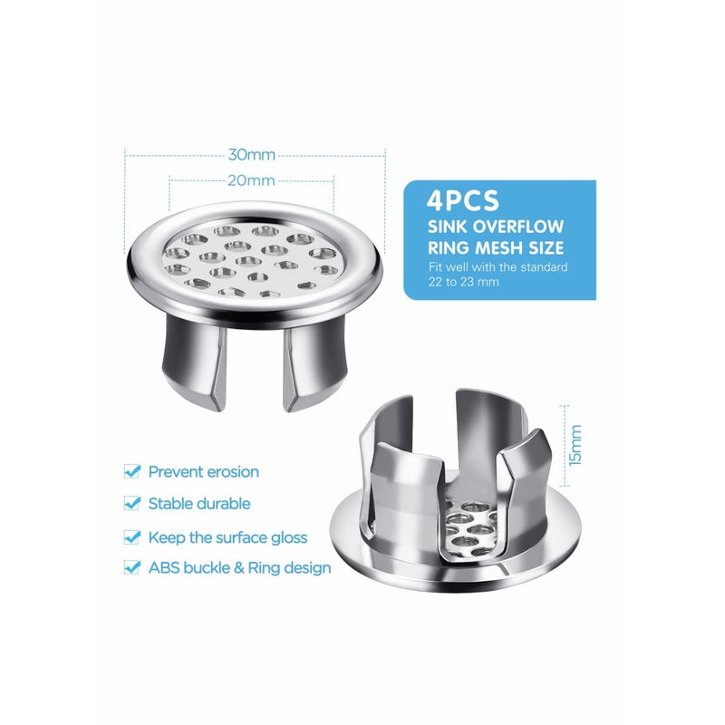 SOLARAE Sink Overflow Ring,  Kitchen Bathroom Sink Hole Round Overflow Cover Basin Trim Overflow Drain Cap Cover Insert in Hole Spares, 30mm Silver (4 Pieces Mesh-Type) - Image 2