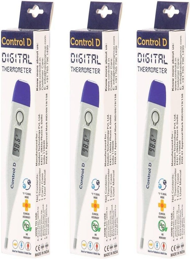 كونترول_دي مجموعة ترمومتر رقمي من Control D مكونة من 3 قطع مع تشغيل بلمسة واحدة للأطفال والبالغين، ترمومتر فموي أو تحت الإبط CDT01 (أبيض أزرق) - Image 3