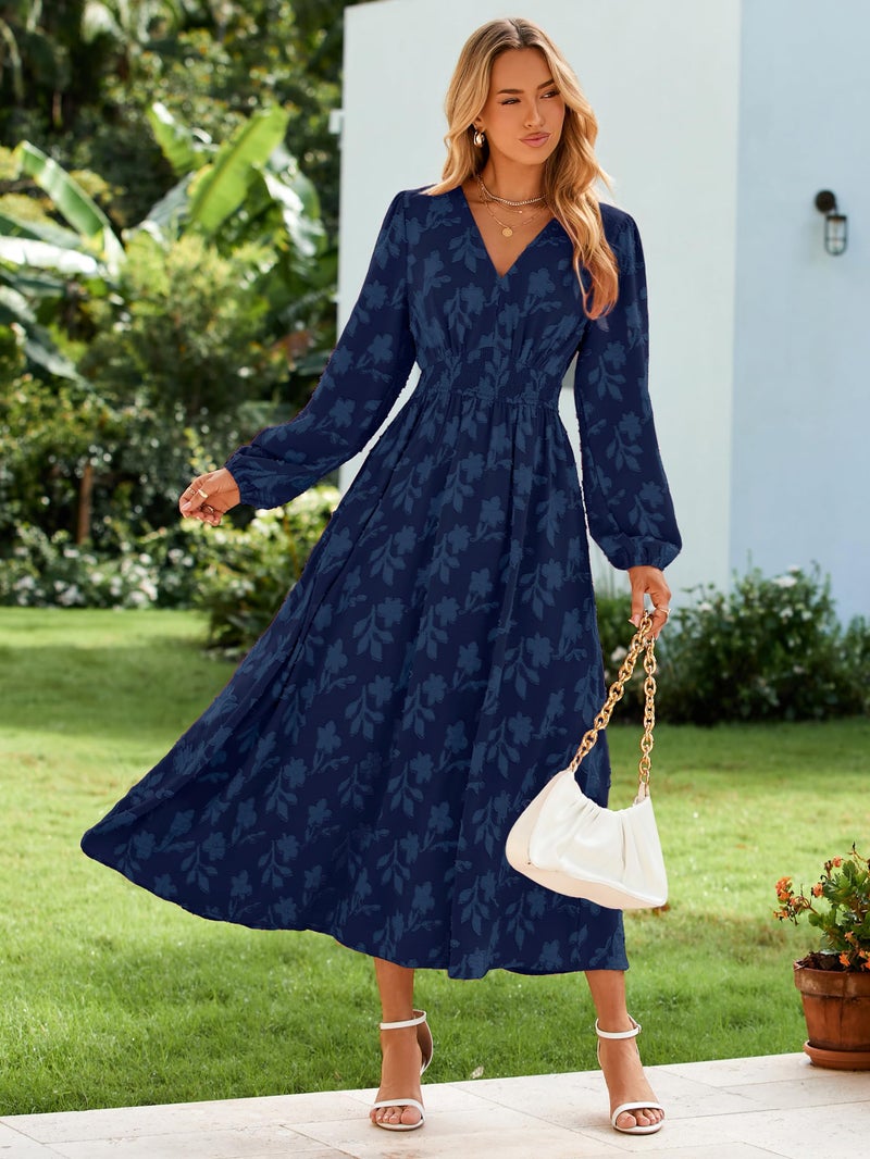 Simplee Womens Boho Floral Long Sleeve Maxi Dress Formal Wedding Guest Dresses Modest Church Dress Fall Outfits Navy Blue M - Image 2