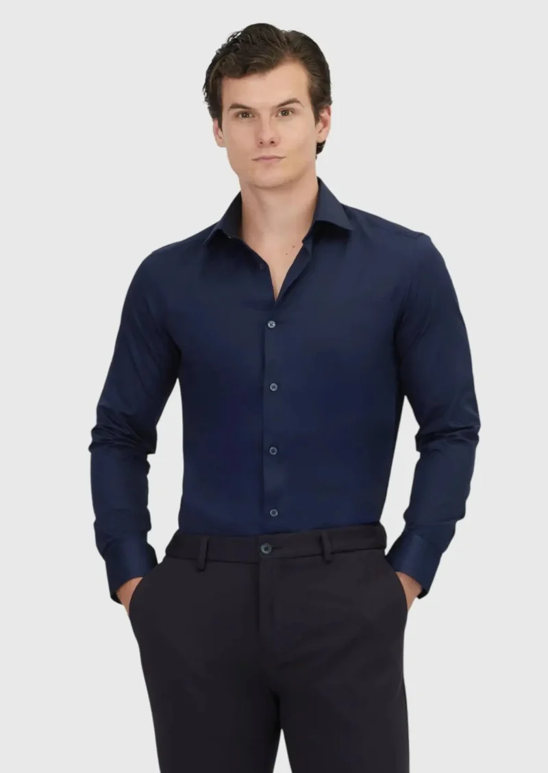 RAMSEY Navy Blue Plain Slim Fit Weaving Classical 100% Cotton Shirt