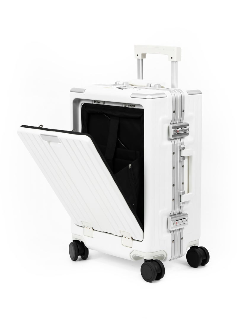ماركة غير محددة Versatile Aluminum Frame Carry-On Luggage with USB Charging Port, Front Compartment, TSA Lock, Airline Approved Carry On Hardside Suitcase with Spinner Wheels (White)  - Image 1