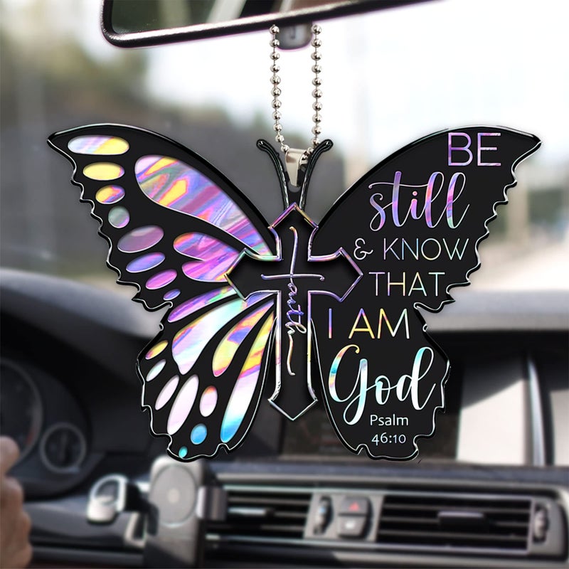Talataca Butterfly Be Still  Know That I Am God Faith Cross Christian 2D Flat Car Rear View Mirror Accessories Christmas Tree Ornament Decoration Hanging Charm Interior Rearview Pendant Decor Gift