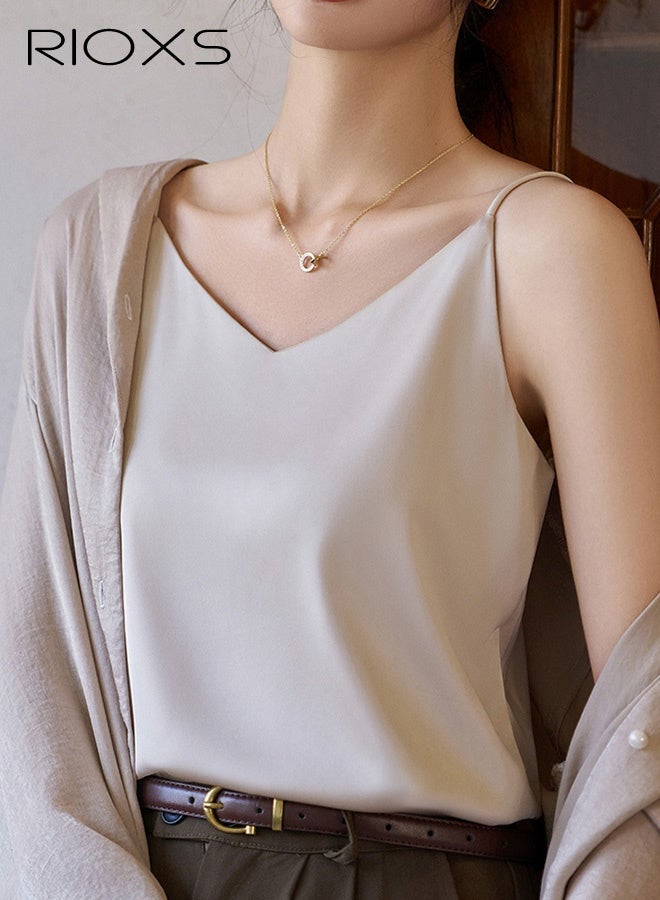 RIOXS Women's Silk Satin Spaghetti-Strap Tank Top, Solid-Color Summer Layering Tank Top with a V-neck, Loose-Fit Lightweight and Breathable for Everyday Layering, Iron-Free Easy-Care Soft Fabric, Suitable for the Office and Casual Occasions, Pairs Well with Cardigans and Blazers, Light Gold - Image 1