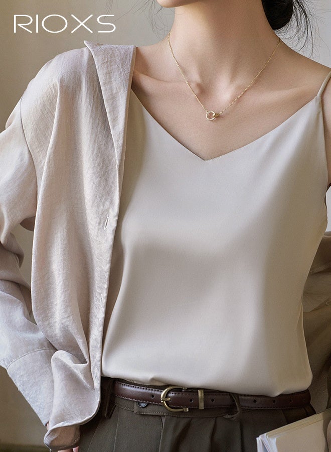 RIOXS Women's Silk Satin Spaghetti-Strap Tank Top, Solid-Color Summer Layering Tank Top with a V-neck, Loose-Fit Lightweight and Breathable for Everyday Layering, Iron-Free Easy-Care Soft Fabric, Suitable for the Office and Casual Occasions, Pairs Well with Cardigans and Blazers, Light Gold - Image 2