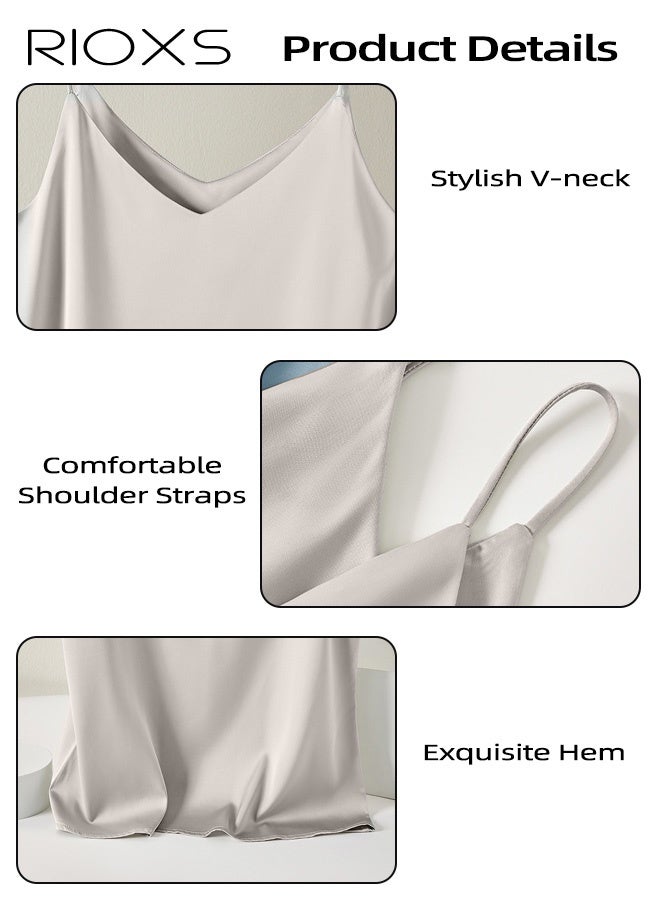 RIOXS Women's Silk Satin Spaghetti-Strap Tank Top, Solid-Color Summer Layering Tank Top with a V-neck, Loose-Fit Lightweight and Breathable for Everyday Layering, Iron-Free Easy-Care Soft Fabric, Suitable for the Office and Casual Occasions, Pairs Well with Cardigans and Blazers, Light Gold - Image 3