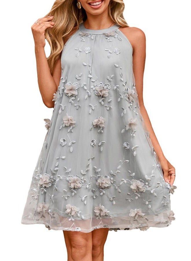 SIMPLEE Women Halter Homecoming Dress 2025 Summer Wedding Guest Mini Dress A Line Flowy Cocktail Dresses, Grey, L - Image 1