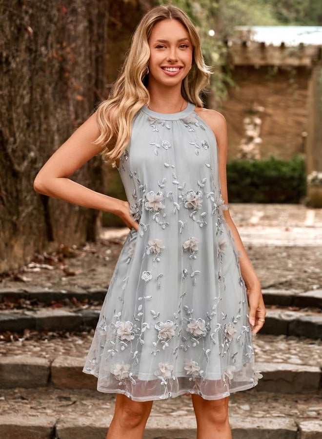 SIMPLEE Women Halter Homecoming Dress 2025 Summer Wedding Guest Mini Dress A Line Flowy Cocktail Dresses, Grey, L - Image 4