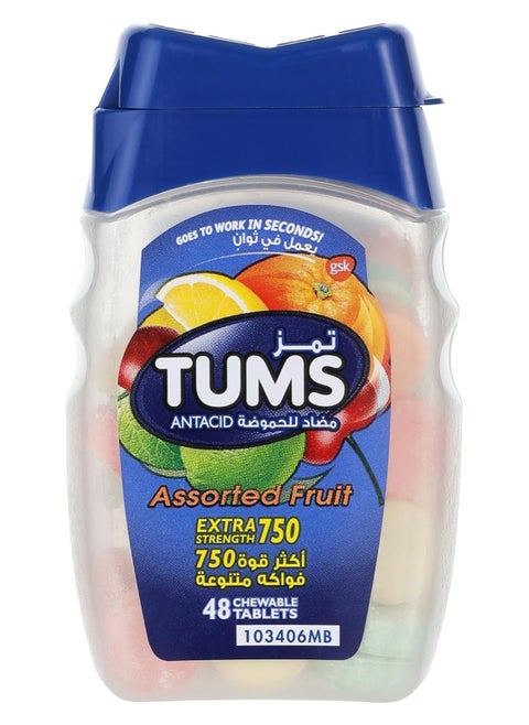 Tums Antacid Chewable Tablets, Extra Strength For Heartburn Relief,  Assorted Fruit, 48 Tablets