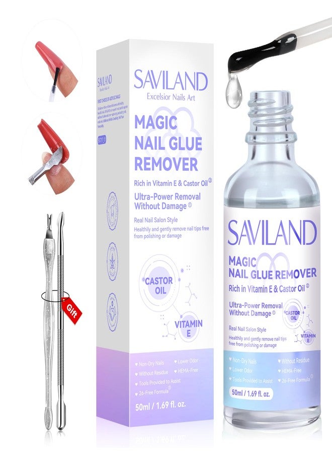 SAVILAND Nail Glue Remover for Press on Nails 50ML with Castor Oil Vitamin E for Glue on Acrylic False Fake Tips Gentle Fast Press on Nail Remover with Cuticle Pusher - Image 1