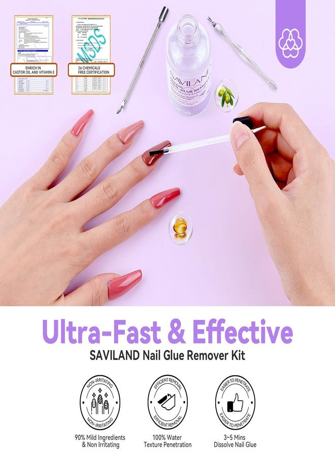SAVILAND Nail Glue Remover for Press on Nails 50ML with Castor Oil Vitamin E for Glue on Acrylic False Fake Tips Gentle Fast Press on Nail Remover with Cuticle Pusher - Image 2