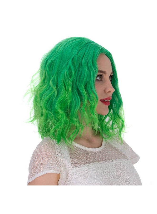 Aicos Icos Short Curly Green Wig 35Cm Fashion Green Bob Wig With Bangs Perfect For Daily Dress Carnival Party Masquerade Heat Resistant Anime Cosplay Wig With A Free Wig Cap (Bright Green Ombre) - Image 1