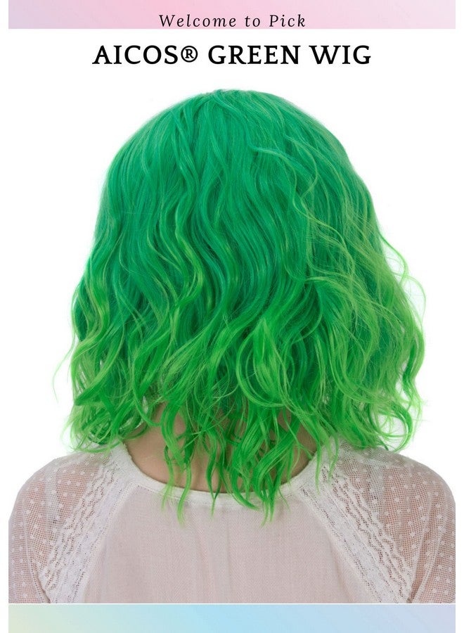 Aicos Icos Short Curly Green Wig 35Cm Fashion Green Bob Wig With Bangs Perfect For Daily Dress Carnival Party Masquerade Heat Resistant Anime Cosplay Wig With A Free Wig Cap (Bright Green Ombre) - Image 4
