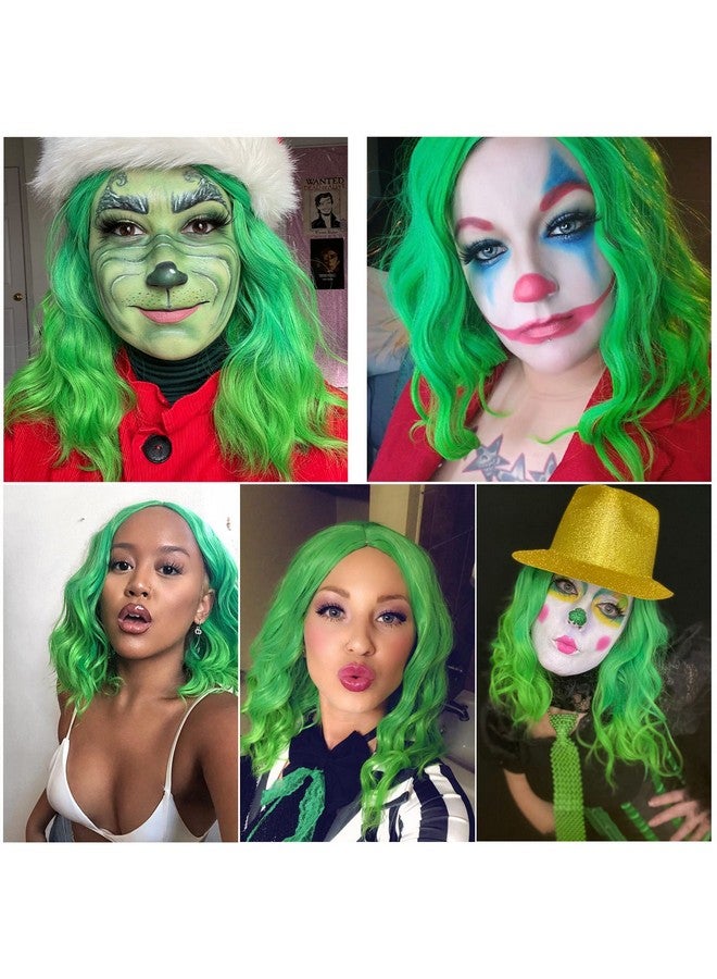 Aicos Icos Short Curly Green Wig 35Cm Fashion Green Bob Wig With Bangs Perfect For Daily Dress Carnival Party Masquerade Heat Resistant Anime Cosplay Wig With A Free Wig Cap (Bright Green Ombre) - Image 3