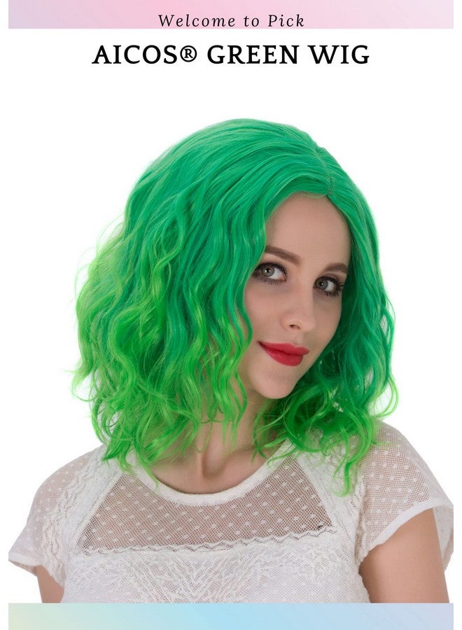 Aicos Icos Short Curly Green Wig 35Cm Fashion Green Bob Wig With Bangs Perfect For Daily Dress Carnival Party Masquerade Heat Resistant Anime Cosplay Wig With A Free Wig Cap (Bright Green Ombre) - Image 5