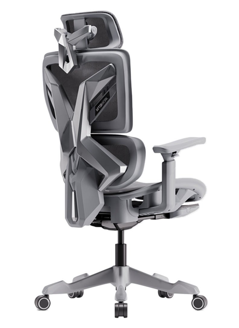 AFTERWORK - Xyrion Super Ergonomic Gaming Chair with Footrest - 3D Adjustable Headrest, Adaptive Backrest, 4-Position Tilt Lock, Breathable Mesh, and Silent Castors - Grey & Silver - Image 1