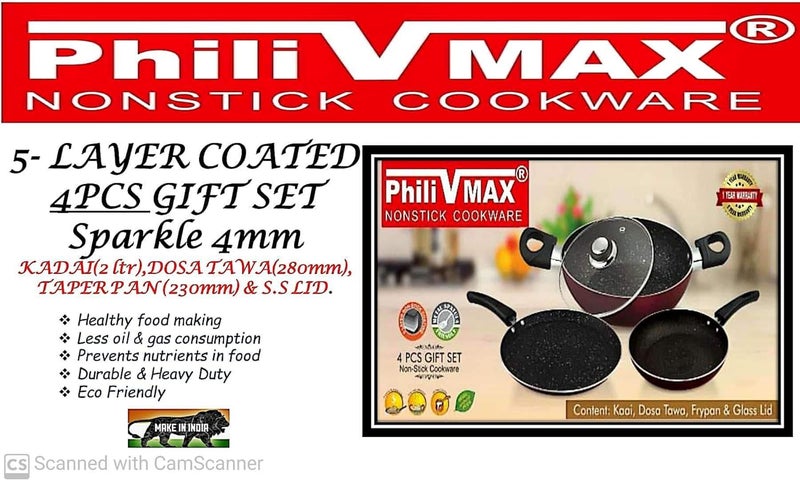 PhiliVMAX مجموعة فيلي في إم إكس المصنوعة من الألمنيوم 5 طبقات مغطاة 4 قطع 4 مم قلاية عميقة لامعة 2 لتر طاسة دوسا 280 مم مقلاة مائلة 230 مم غطاء ثقيل من الفولاذ المقاوم للصدأ مجموعة حزمة - Image 2