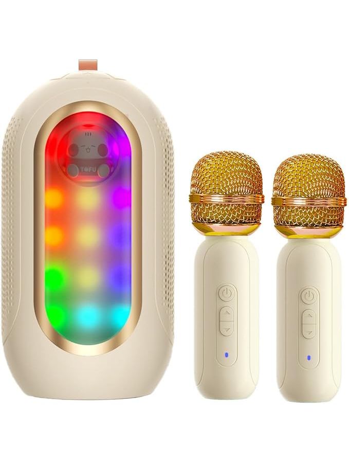 Karaoke Machine with 2 Microphones ABS Mini Portable Speaker for Outdoor Indoor Family Home Party Beige - Image 1