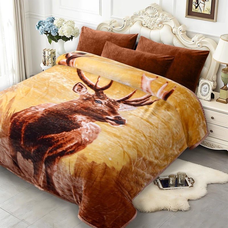 JYK Korean Mink Blanket, 2.3 kg Fleece Bed Blanket, 2-Ply, Reversible, 520 g/m², Silky Soft Plush, Warm Blanket for Autumn and Winter, A&B Pattern Printed, Queen Size Bed 190.5 x 221 cm, Deer - Image 1