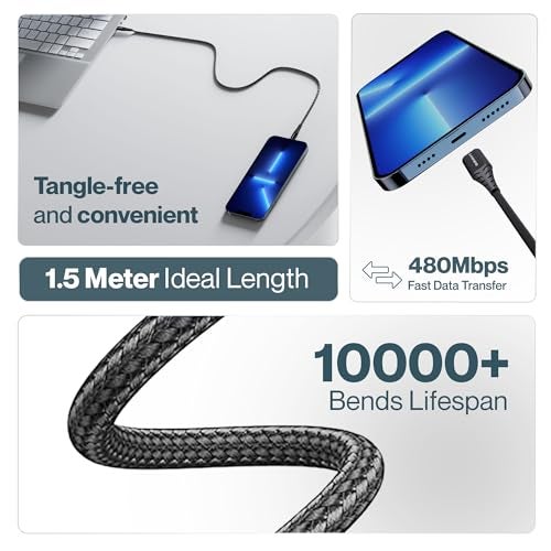Ambrane 100W Fast Charging Cable Compatible with iPhone 15, Samsung, OnePlus, Google Pixel, Laptop, Macbook, 480mbps Data Sync, Braided Cable, 1.5m Length (ABCC-100), Black - Image 3