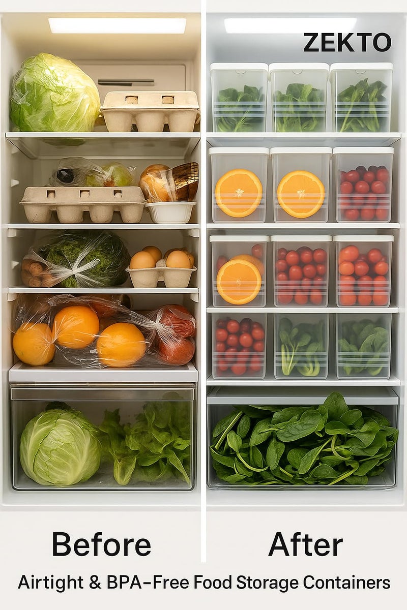 ZEKTO Fridge Storage Boxes for Vegetables & Fruits | BPA-Free Plastic Refrigerator Organizer Containers with Lids | Stackable Freezer-Safe Food Storage Box Set for Kitchen, Pack of 6 (1000ml Each) - Image 3
