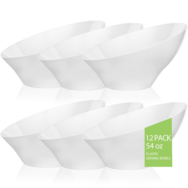 BESTVIP 54oz White Plastic Serving Bowls for Party - 12 Pack Angled Disposable Serving Bowls, Party Bowls for Chips, Snacks, Fruit, Salad - Bowls for Parties, Daily Use,Halloween, Christmas - Image 1