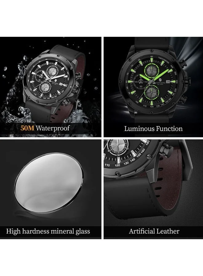 Sapphero  Sapphero Watches Men's  Waterproof Men's Watch Men's Watches Chronograph Black/Blue Leather Silver/Black/Rose Gold Case Black/Blue Dial/Birthday/Father's Day Gift for Men | Best Price UAE