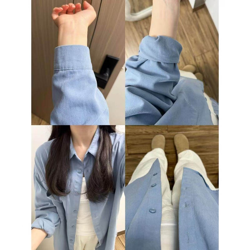 Short person, apricot-colored pure cotton shirt, women's layered inner wear, loose and versatile inner wear, slimming, flesh-covering cardigan, top and shirt worn outside - Image 3