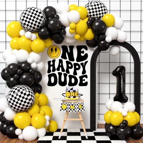 Winrayk One Happy Dude Birthday Decorations First 1st Birthday Decorations Boy Balloon Arch Kit 1st Crown Hat Smile Banner Checkered Number 1 Foil Balloons Toddler One Year Old Boy Party Decor - Image 1