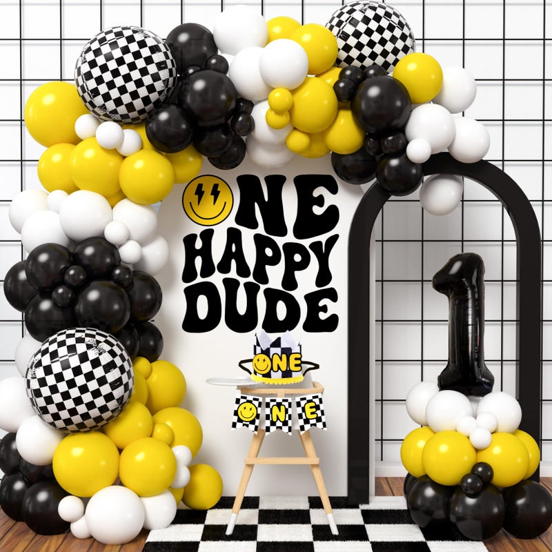 Winrayk One Happy Dude Birthday Decorations First 1st Birthday Decorations Boy Balloon Arch Kit 1st Crown Hat Smile Banner Checkered Number 1 Foil Balloons Toddler One Year Old Boy Party Decor - Image 2