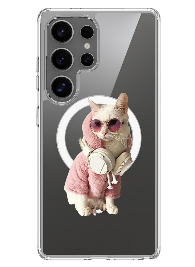 Theodor Magnetic Case for Samsung Galaxy S25 Ultra 6.9-inch Compatible with MagSafe Wireless Charging, Shockproof Phone Bumper Cover White Cat - Image 1