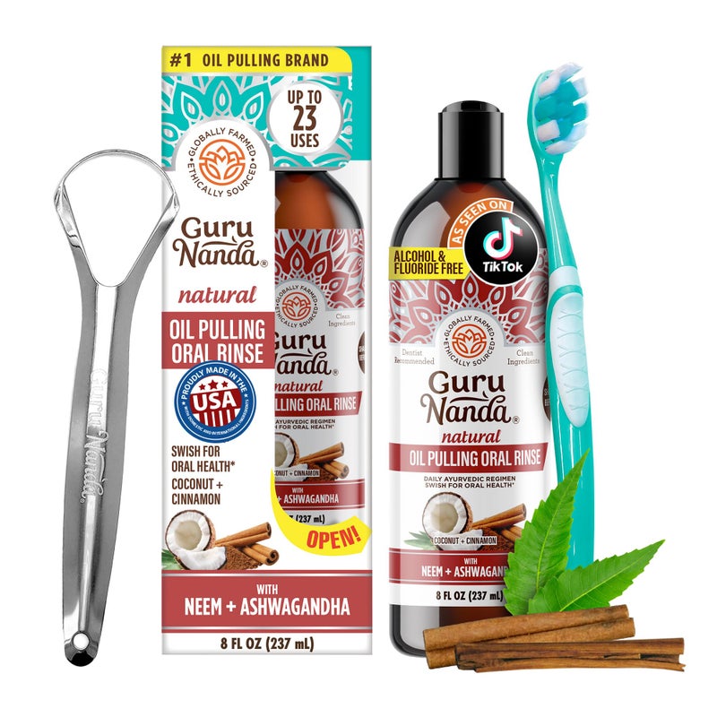 GuruNanda Cinnamon Oil Pulling Mouthwash Promotes Calmness with Neem Ashwagandha for Fresh Breath Happy Gums AlcoholFree with Toothbrush Tongue Scraper 8 Oz - Image 1