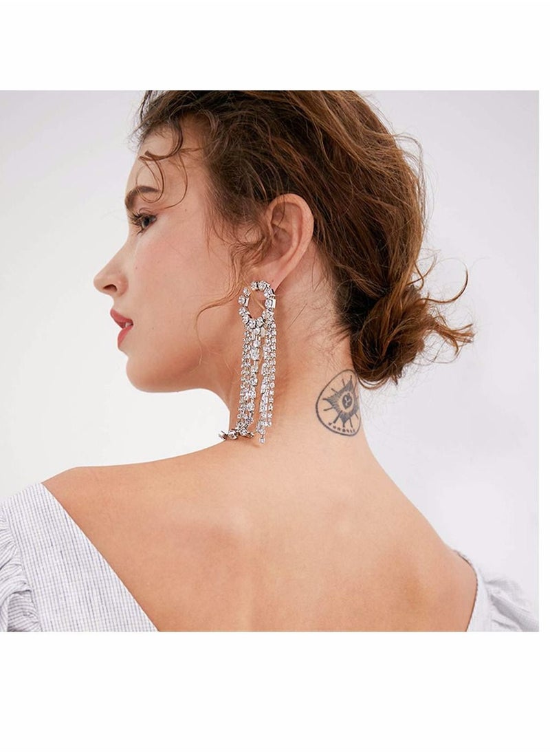 Y&D - Fashion Earrings, Women Silver Needle Rhinestones tassel earrings, Personalized Zircon Flash Diamonds, Tassel Full Long Chain Drop Dangle for - Image 1