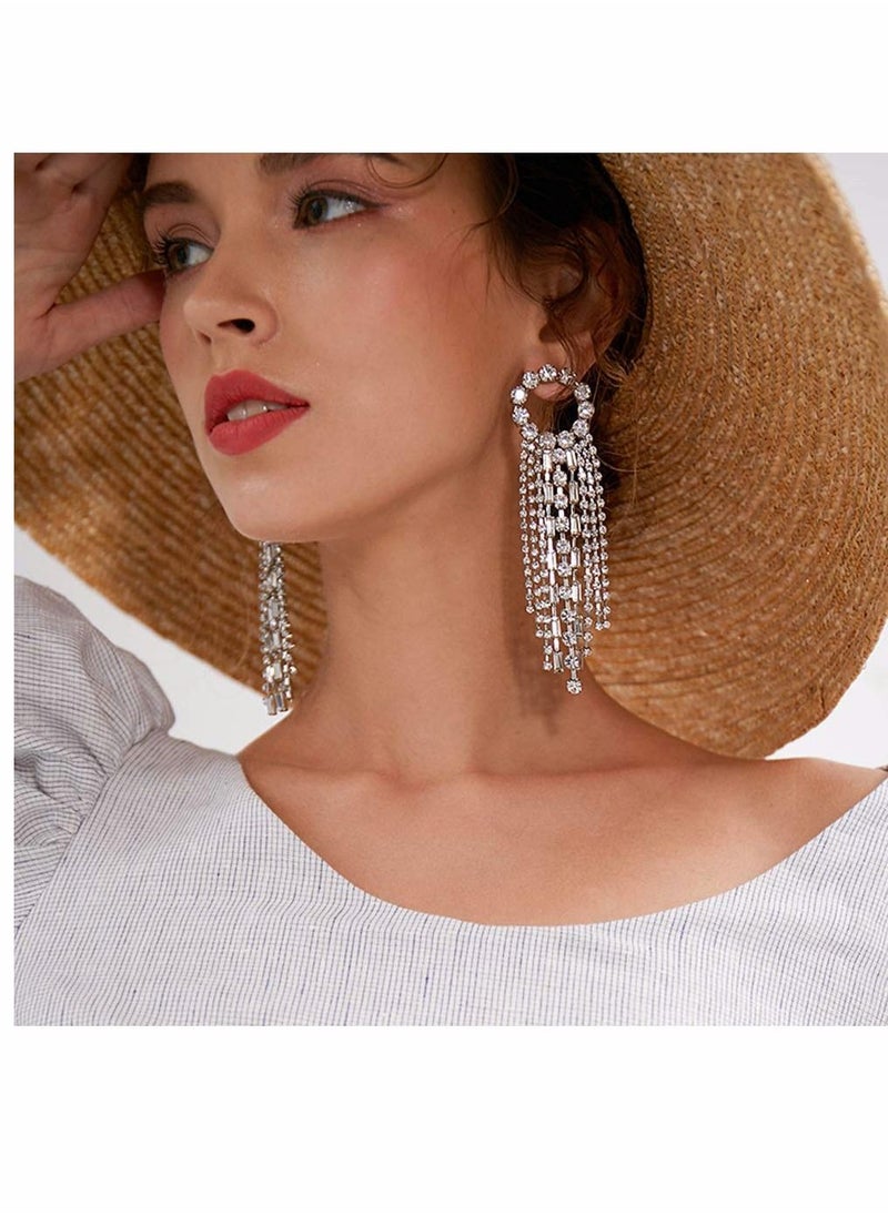 Y&D - Fashion Earrings, Women Silver Needle Rhinestones tassel earrings, Personalized Zircon Flash Diamonds, Tassel Full Long Chain Drop Dangle for - Image 1