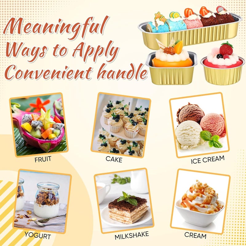 Rtteri 150 قطعة من قوالب الكعك الصغيرة مع أغطية قوالب رامينكين القابلة للاستخدام لمرة واحدة 68 أونصة 5 أونصات أكواب كعك الألمنيوم قوالب كعك مستطيلة دائرية مربعة بطانات كعك علب كعك للحلويات المافن حفلات الزفاف الذهبية - Image 5