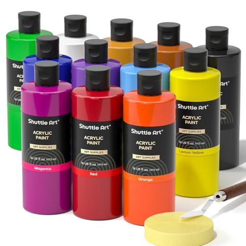 Shuttle Art Acrylic Paint 12 Colors Acrylic Paint Large Bottle Set 473ml16oz Each Rich Pigments High Viscosity Bulk for Artists Beginners and Kids on Rocks Crafts Canvas Wood - Image 1