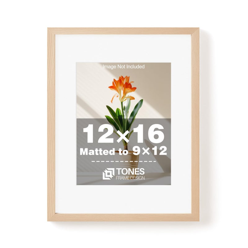 TONES FRAME DESIGN 12x16 Picture Frames with Mat for 9x12, Solid Wood Veneer Finish Natural Poster Frame with Plexiglass for Gallery Wall Photo Art Prints Home Decor (1 Pack) - Image 1