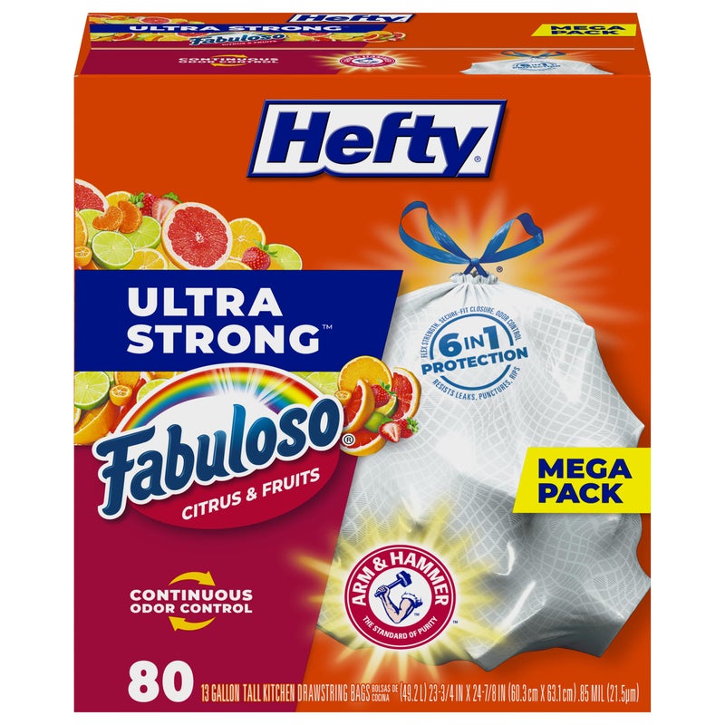 Hefty Ultra Strong 13 Gallon Trash Bags, Tall Kitchen Trash Bags 13 Gallon Size, White, Fabuloso Citrus & Fruits Scent, 80 Bags - Image 1