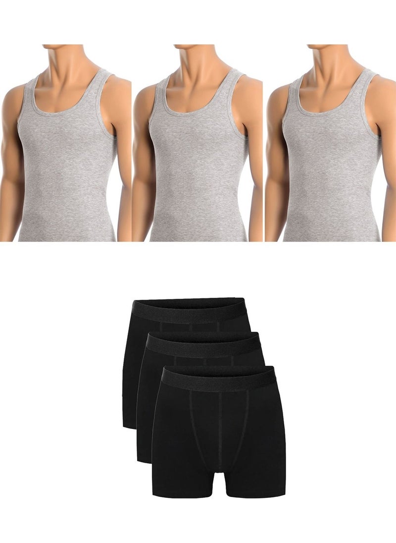 Belifanti Collection Men's Cotton 3-Piece Gray Undershirt and 3-Piece Black Boxer 6 Piece Set  - Image 1