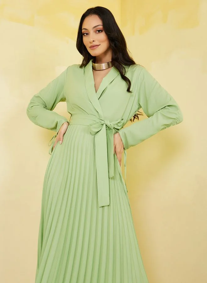 Styli Accordion Pleated Wrap Maxi Dress