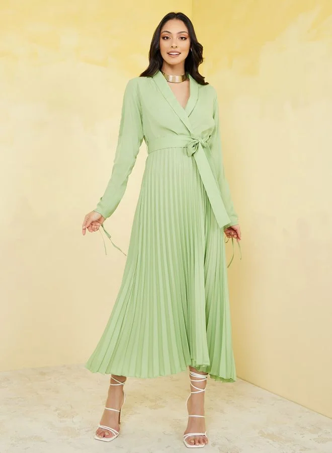 Styli Accordion Pleated Wrap Maxi Dress