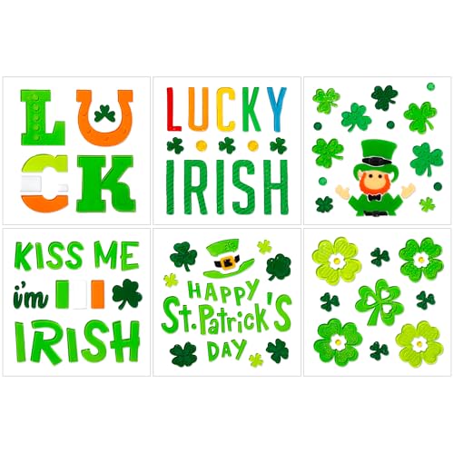 HOHUCRAB 6pcs St Patricks Day Window Clings Gel, Shamrock Top Hat Leprechaun Lucky Irish St Patricks Day Decor, St Patricks Day Decorations for Office, Holiday Window Clings for Party Supplies Gifts - Image 1