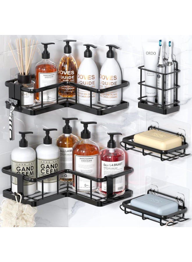 Shower Caddy Corner 5-Pack – Black No-Drill Rustproof Corner Shower Organizer with 12 Hooks – Large Bathroom Shelf Set – 2 L-Shaped Shelves, 2 Soap Dishes, Toothbrush Holder – Stainless Steel Storage Rack - Image 1