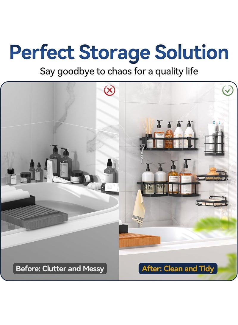Shower Caddy Corner 5-Pack – Black No-Drill Rustproof Corner Shower Organizer with 12 Hooks – Large Bathroom Shelf Set – 2 L-Shaped Shelves, 2 Soap Dishes, Toothbrush Holder – Stainless Steel Storage Rack - Image 5