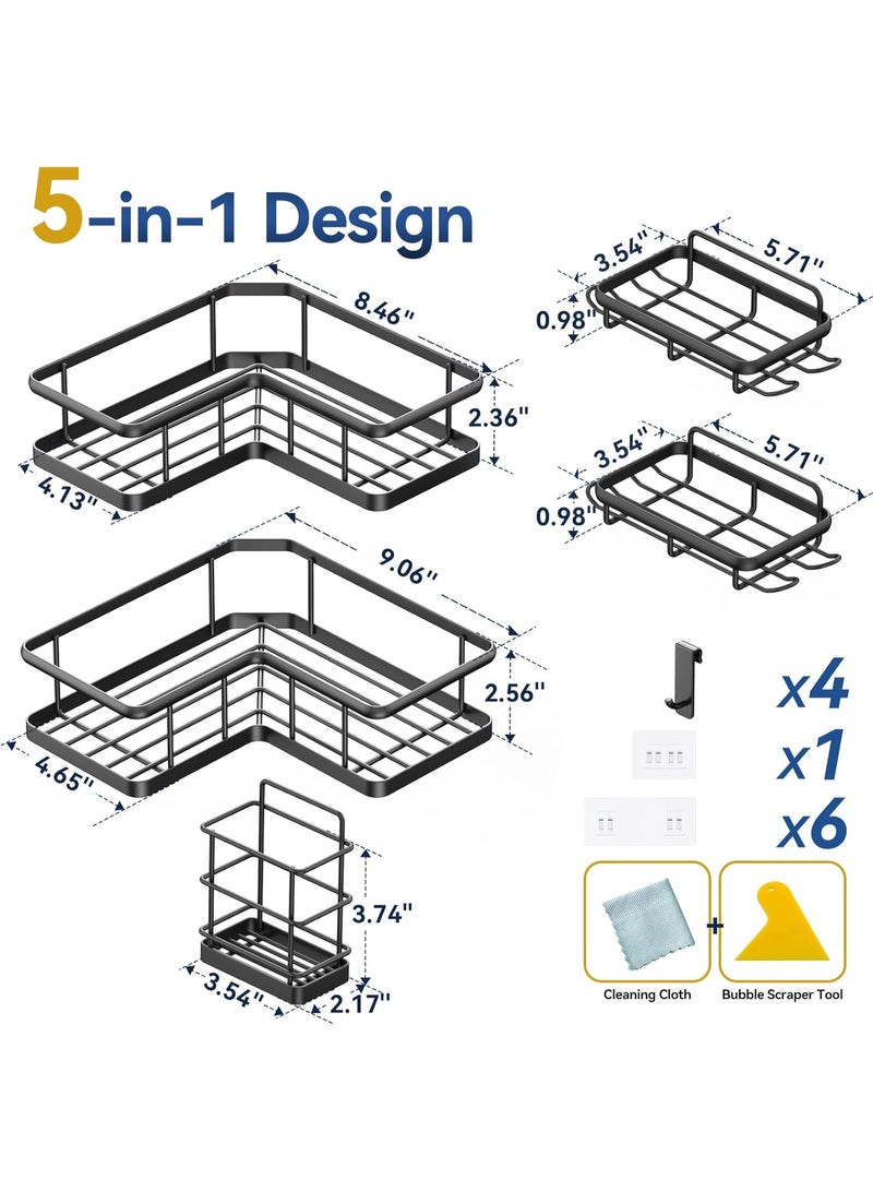 Shower Caddy Corner 5-Pack – Black No-Drill Rustproof Corner Shower Organizer with 12 Hooks – Large Bathroom Shelf Set – 2 L-Shaped Shelves, 2 Soap Dishes, Toothbrush Holder – Stainless Steel Storage Rack - Image 4