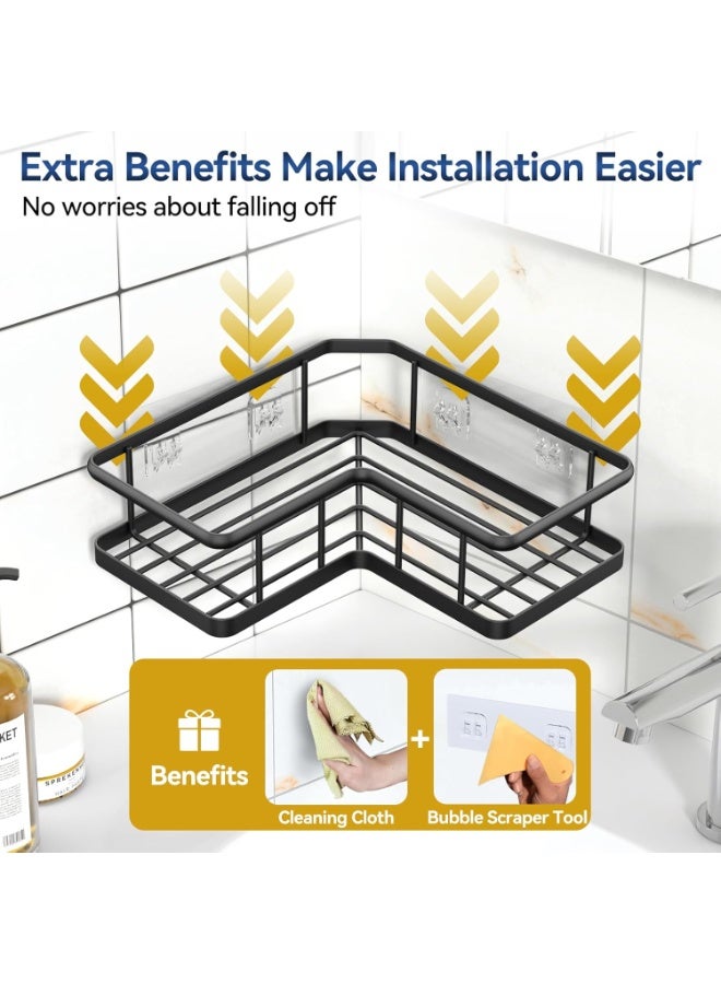 Shower Caddy Corner 5-Pack – Black No-Drill Rustproof Corner Shower Organizer with 12 Hooks – Large Bathroom Shelf Set – 2 L-Shaped Shelves, 2 Soap Dishes, Toothbrush Holder – Stainless Steel Storage Rack - Image 2