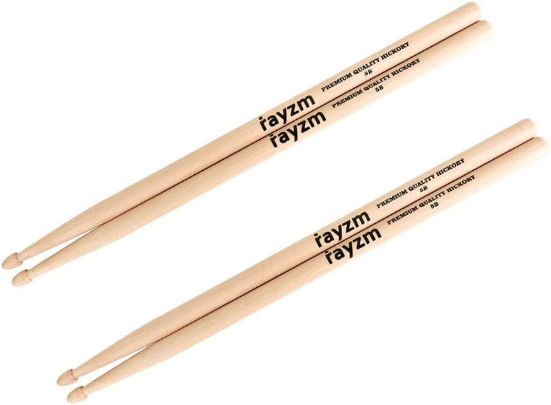 rayzm Drum Sticks 5B, Solid American Hickory Drumsticks/Beater Sticks, Wood Tips - Image 1