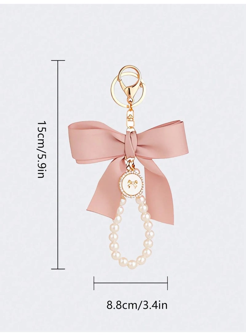 Elegant pink Satin Bow Keychain with Pearl Bracelet – Multi-Use Bag Charm and Car Hanging Accessory - Image 3