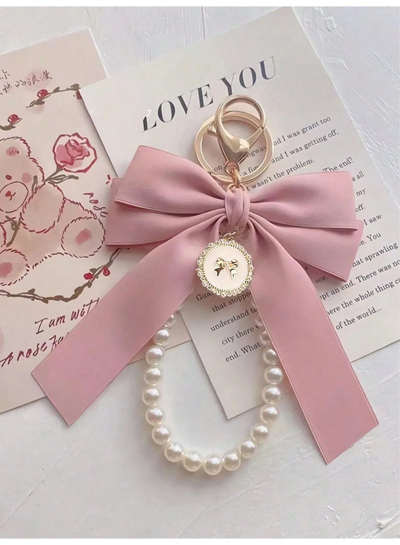 Elegant pink Satin Bow Keychain with Pearl Bracelet – Multi-Use Bag Charm and Car Hanging Accessory - Image 2