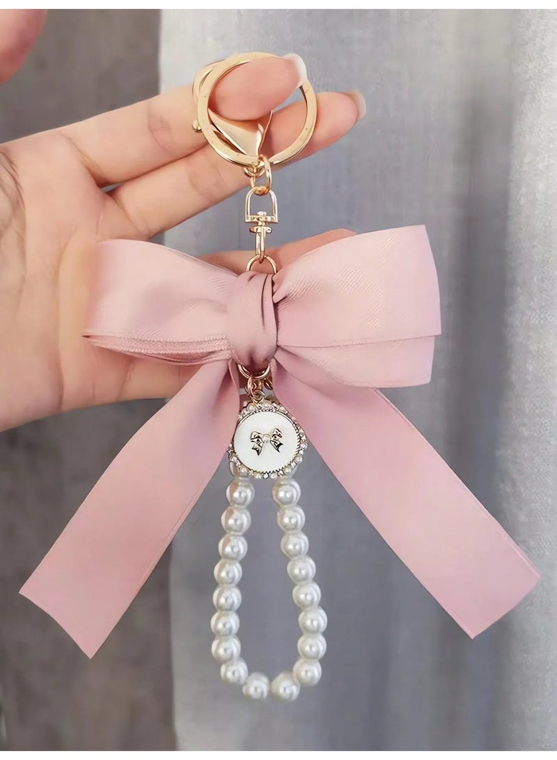 Elegant pink Satin Bow Keychain with Pearl Bracelet – Multi-Use Bag Charm and Car Hanging Accessory - Image 1